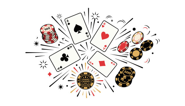  Exploding Playing Cards Four Aces and Casino Poker Chips Vector Illustration Featuring Big Win Gambling Fireworks and Burst Elements