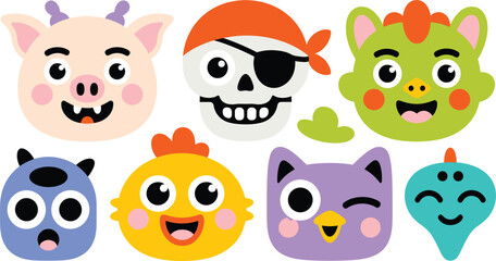 Obraz premium Cute Halloween and Animal Mask Vector Icon Set Featuring Pirate Skull, Monster, Pig, Chick, Owl, and Alien Avatars for Kids Celebration Designs