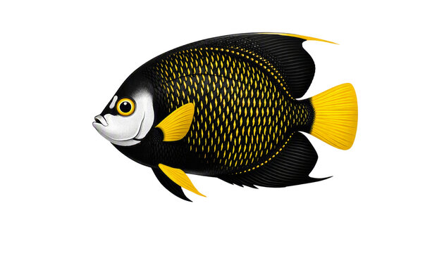 French angelfish (Pomacanthus paru) with black body, golden scales, and bright yellow fins, isolated on transparent background. Illustration. Marine and aquarium design.