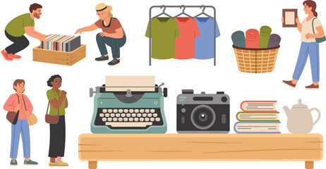 Fototapeta premium Flea Market and Garage Sale Vector Elements Set Featuring People Shopping For Vintage Books, Clothes, Records, Typewriter, Camera, and Household Items