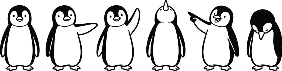 Cute cartoon penguins in a row displaying different hand gestures and poses © afsana