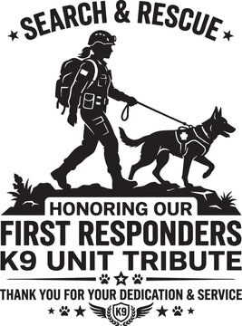 Search and rescue k9 unit first responders tribute emblem with a dog handler and a working dog silhouette design Vector