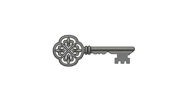 vintage key isolated on white. A shiny SILVER metal key with a decorative head and serrated edge, isolated on a clean white background.
