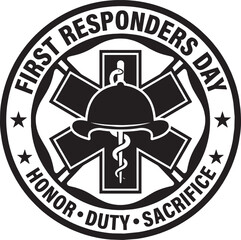 Fototapeta premium First responders day round emblem with medical star symbol and helmet design for honor duty and sacrifice Vector