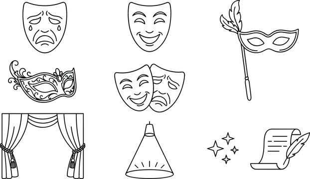Theater and drama vector performance line art icon set with comedy and tragedy masks