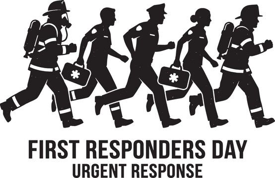 Group of first responders running to an emergency with medical gear and rescue uniforms for first responders day Vector