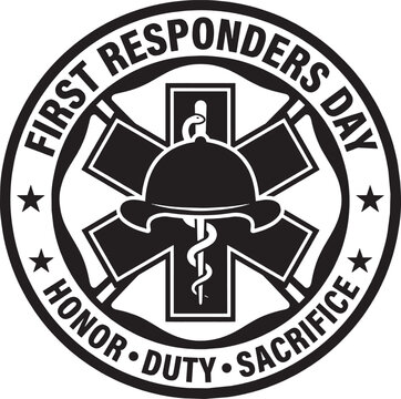 First responders day round emblem with medical star symbol and helmet design for honor duty and sacrifice Vector