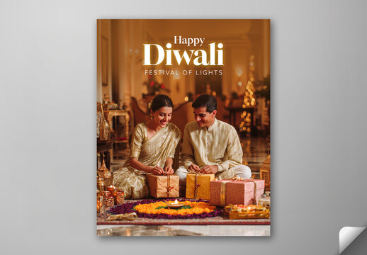 Editable Happy Diwali Social Media Greeting Post with Indian Couple Holding Gifts in Festive Background.