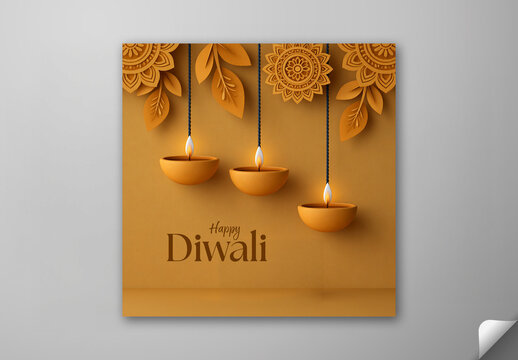 Editable Happy Diwali Social Media Greeting Post with Burning Oil Lamps Hang on Yellow Background.