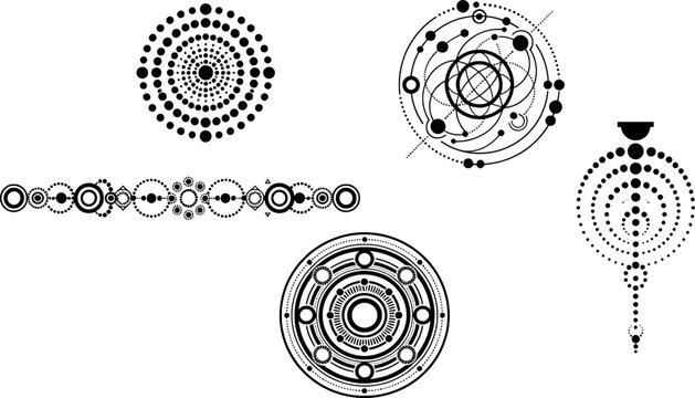 Set of geometric circular patterns and abstract dot ornaments