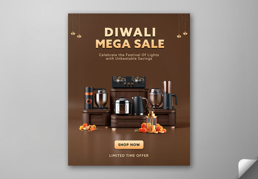 Editable Diwali Mega Sale Social Media Template with Kitchen Appliances on Brown Background.