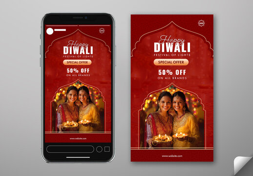 Editable Diwali Festival Sale Story Template with Up to 50 Percent Off on Indian Sisters Holding Diya.