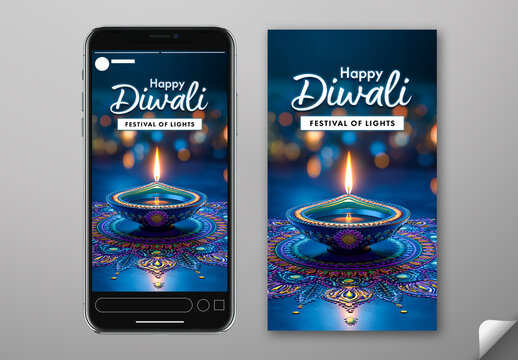 Editable Happy Diwali Festival Greeting Story Template with Burning Oil Lamp on Rangoli Blue Background.