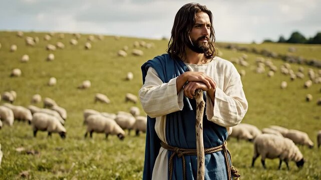 Jesus Leaning on a Shepherd's Staff While Teaching About the Good Shepherd on a Hillside