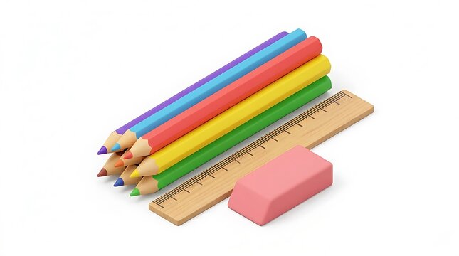 Set of colorful pencils with wooden ruler and pink eraser on white