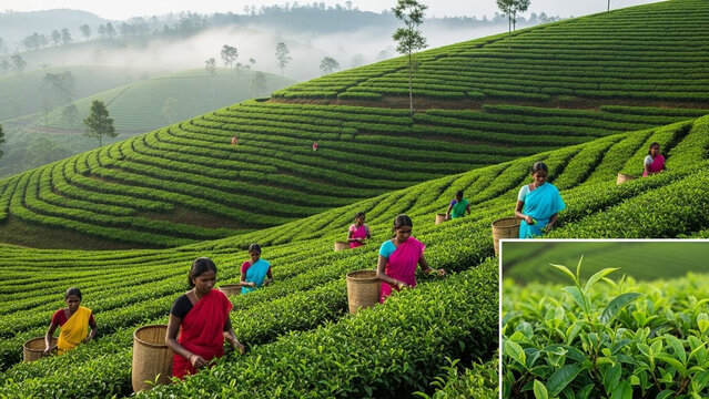 Indian Women Picking Fresh Green Tea Leaves on Hillside Plantation