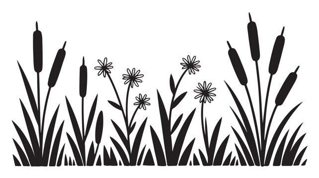 Black silhouette vector illustration featuring cattails and wild meadow flowers isolated on a clean white background for modern graphic design