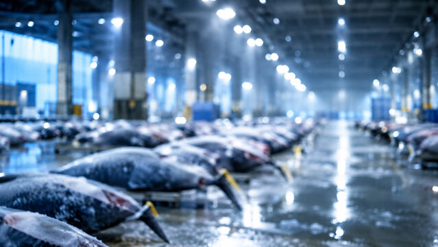 Seafood Processing Warehouse Highlighting Commercial Fish Trade.