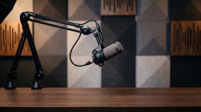 Modern set podcast studio setup featuring microphone on boom arm over wooden desk