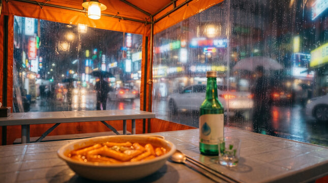 Korean Pocha Street Food Tent Featuring Spicy Tteokbokki and Soju Drinks.