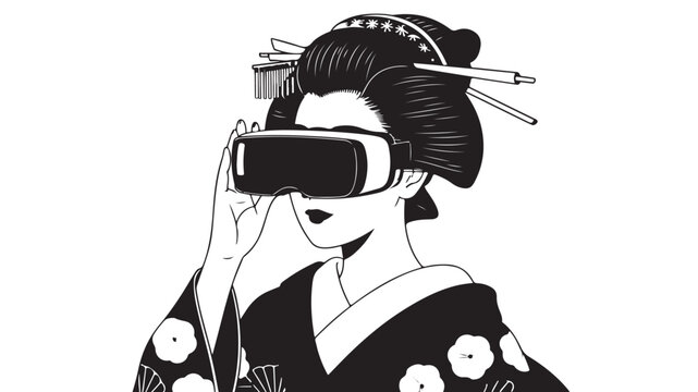 Traditional japanese geisha wearing modern virtual reality headset illustrated in a clean black and white minimalist graphic vector art style