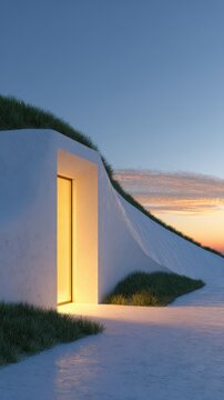 Minimalist Earth Sheltered Home Integrated Into Hillside During Golden Hour