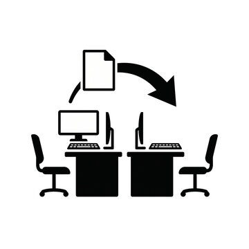 Staff reassignment icon with document moving between office workstations for organizational change and career moves