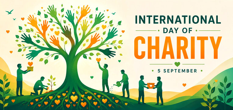 international day of charity banner with helping tree and community volunteers | international charity day poster design with hands, nature and humanitarian giving