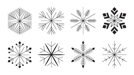 Obraz premium Minimalist black snowflake vector illustration set featuring eight unique geometric patterns for seasonal winter holiday decorative design branding projects