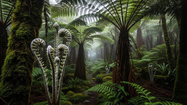 Lush Tropical Fern Forest with Korun Fiddleheads and Fog