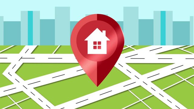A red map pin with a white house icon on a green map with roads and city buildings in the background, symbolizing home location or real estate.