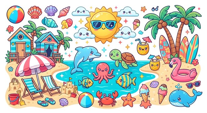 ilustration set of cute sea biota, fish, animal isolated on white background 