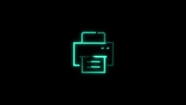 Glowing cyan neon printer icon animation appearing against a solid black background. Ideal for office work, printing tech, document output, and business UI motion graphics.