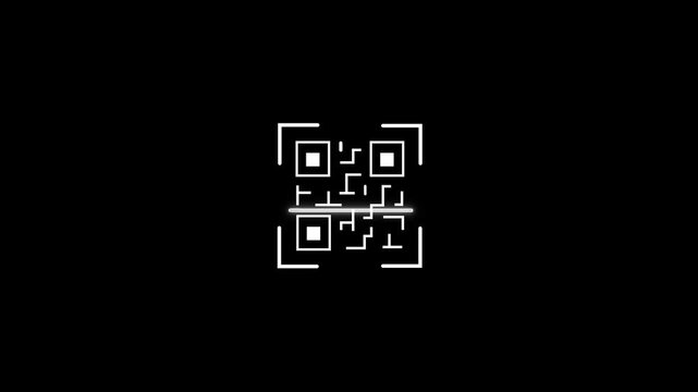 Animated white line art QR code with an active scanning light beam, ideal for digital payment, bar code reading, mobile scanning, and technology concepts.