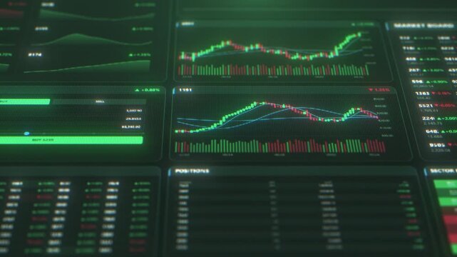 Trading terminal interface with a cryptocurrency candlestick charts, market board quotes and heatmap panels. Close up of a crypto and stock exchange dashboard with green and red price data