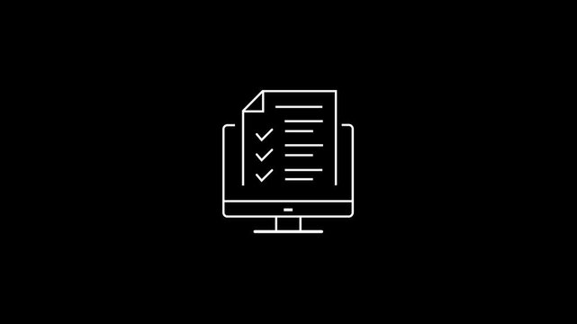 Minimal white line art animation featuring a digital document with check marks on a computer monitor, suitable for survey, feedback, and online forms.