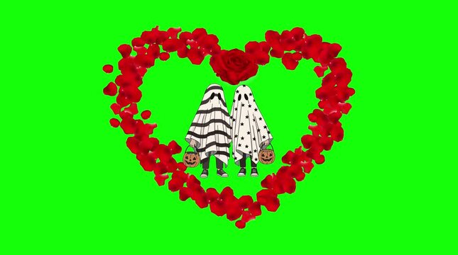 Cute Halloween Sheet Ghosts Standing Inside Rose Petal Heart Frame Animated Green Screen Overlay