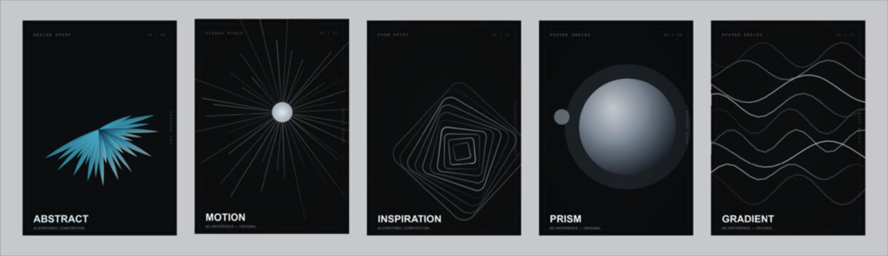 Minimalist abstract poster set, dark geometric vector backgrounds, 5 modern covers with motion and gradient shapes