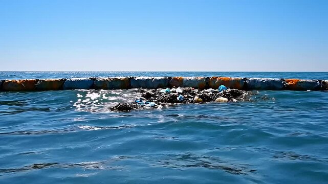 Ocean Plastic Cleanup Boom Floating on Waves