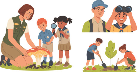 Kids Scout Camp and Outdoor Education Vector Illustration Set Featuring Children Planting Trees, Looking with Binoculars, and Examining Mushrooms with Instructor