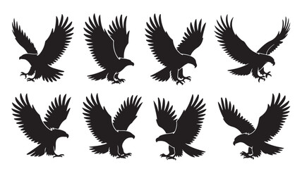 Naklejka premium Majestic eagle silhouettes in various landing poses featured as a high contrast black and white vector graphic design collection
