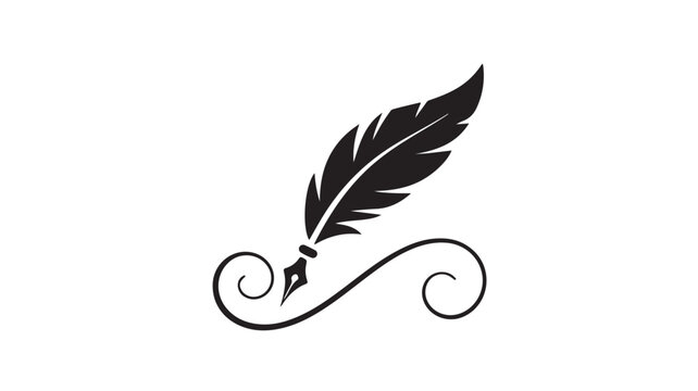 Elegant black quill feather vector illustration featuring classic calligraphy nib and ornate decorative scroll lines for professional creative writing projects