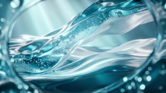 クリスタルアクアとフロストブルーの液体膜に微細な気泡が湧き上がる、マクロ視点の美しい3D背景映像