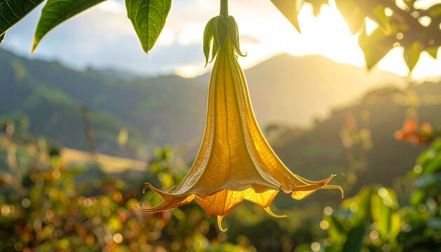 Yellow brugmansia in mountains. Beautiful angel trumpet flower hanging in nature with a scenic valley landscape.