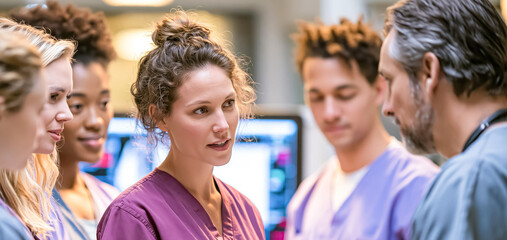 Fototapeta premium Diverse medical students learning and collaborating in hospital create vibrant visuals emphasizing teamwork, study, and professional training.