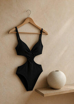 Black cutout monokini on wooden hanger with ceramic sphere, minimalist swimwear fashion concept