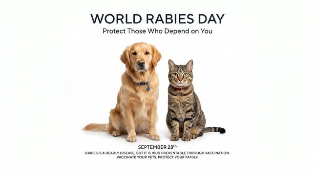 World Rabies Day poster with a golden retriever dog and cat.