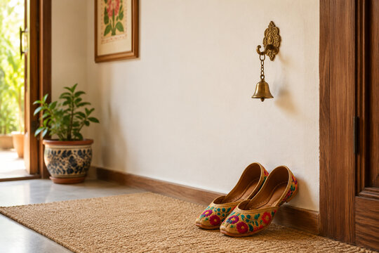 Colorful embroidered jutti shoes on jute mat with brass bell, entryway decor concept