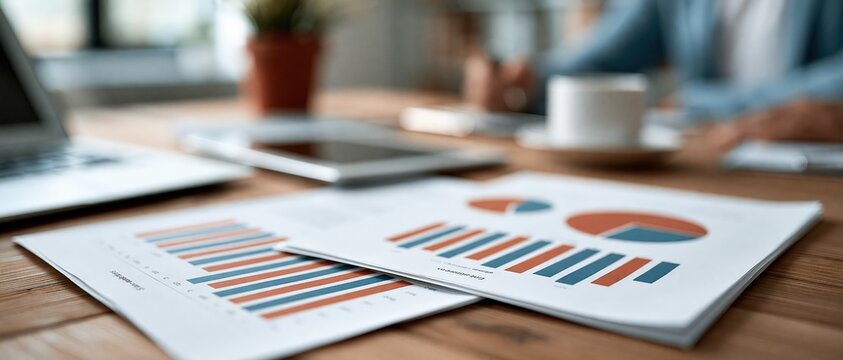 Data driven decision making comes to life with printed financial reports featuring bold bar and pie charts on a wooden desk, laptop and coffee cup blurred in background. Perfect for business.