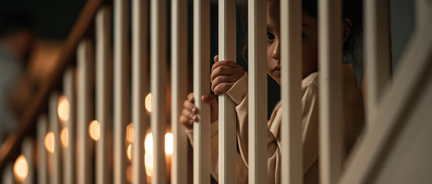 Wide eyed toddler grips white stair balusters, peering through with innocent curiosity. Warm bokeh light glows below in this emotionally rich, cozy home interior scene.